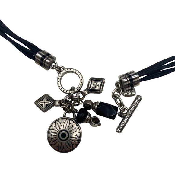 Signed Brighton Black Cord Necklace Multi Silver Plated Charms Toggle Clasp 17" - Picture 4 of 7